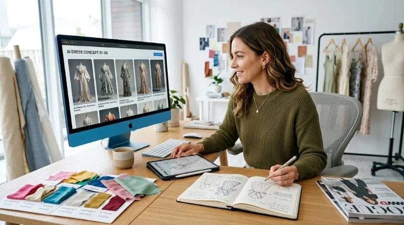 Designer reviewing clothing concepts generated by The New Black AI on a desktop monitor