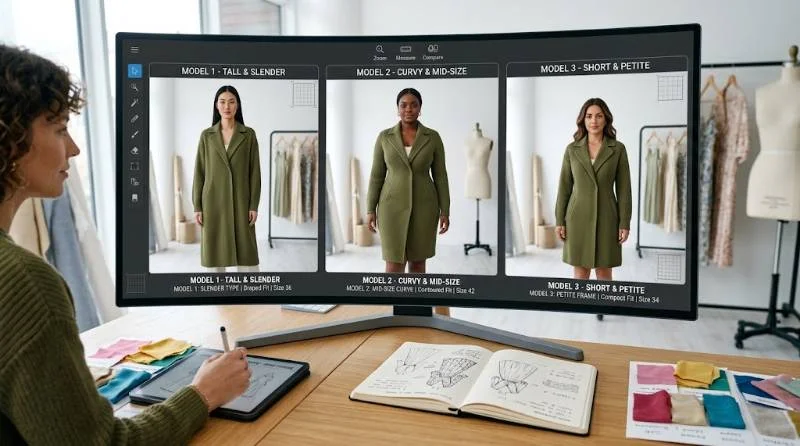 The New Black AI virtual try-on showing one coat design on three different AI models