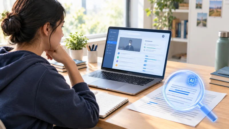 Student reviewing assignment results on a laptop to learn what AI detector does Canvas use