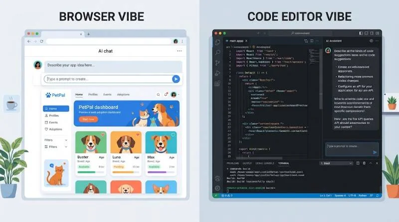 Side-by-side comparison of browser and editor tools used for what is vibe coding