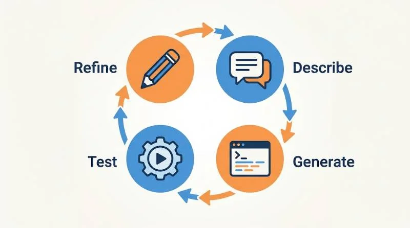 Diagram of the describe, generate, test, and refine loop that explains what is vibe coding