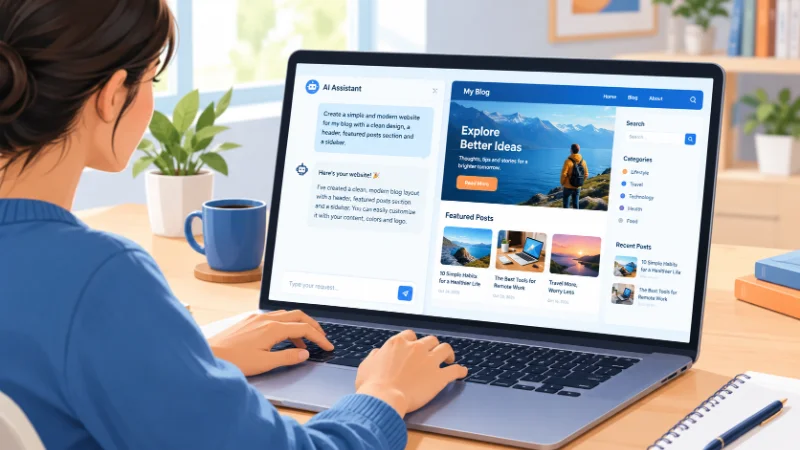 Person describing an app in plain English on a laptop to show what is vibe coding