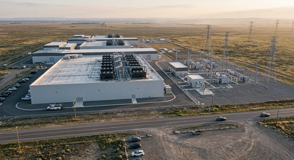 Large AI data center campus next to a power substation in the US