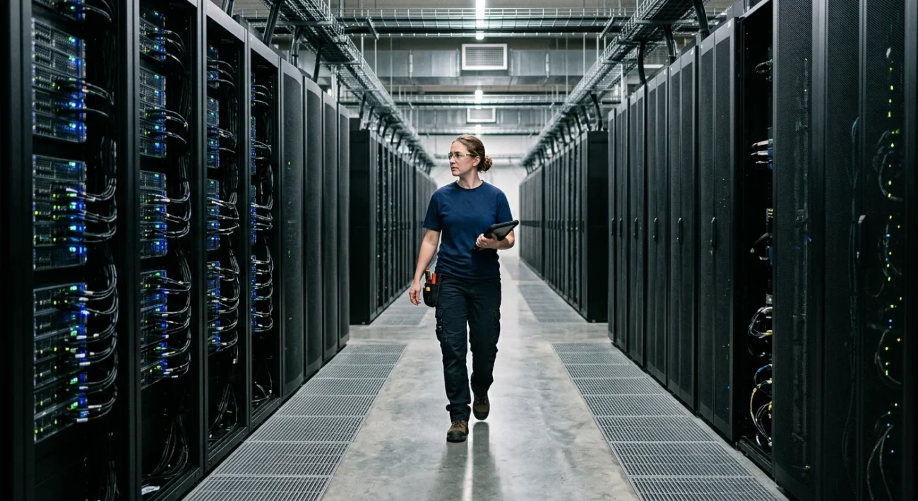 Technician walking through a rack-lined hall inside an AI data center