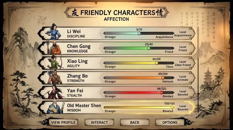 Jianghu Friends menu showing affinity progress with Where Winds Meet AI NPCs