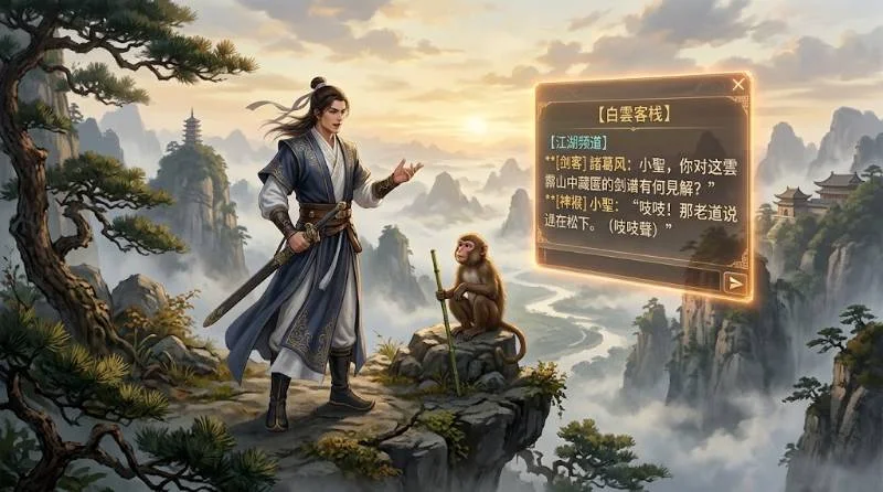 Player typing a message to one of the Where Winds Meet AI NPCs on a misty cliffside